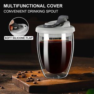 Double Wall Glass Coffee Cup with Silicone Lid 12 OZ, Wall Glass Coffee Mug